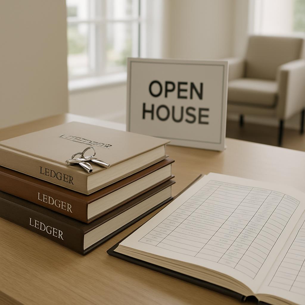 A stack of ledgers, an open log book, and a large open sign reading " Open House " on a table in a bright room.