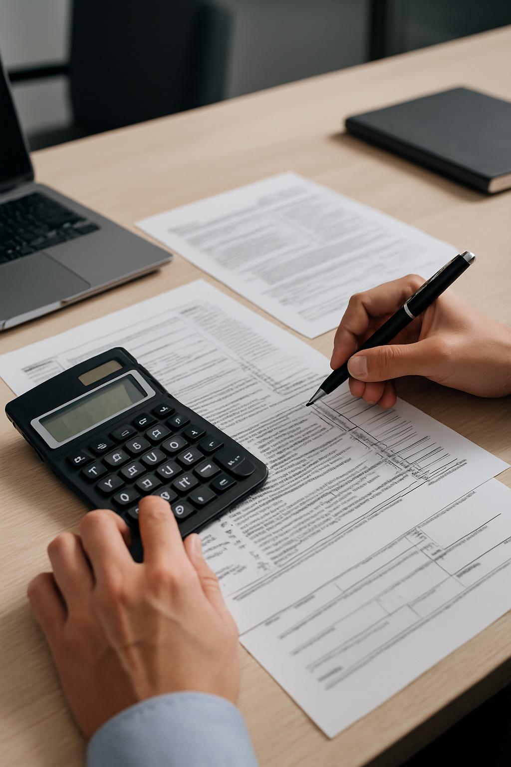 Hands collaborating on a table using a smartphone, calculator and paper with documentation laid out.